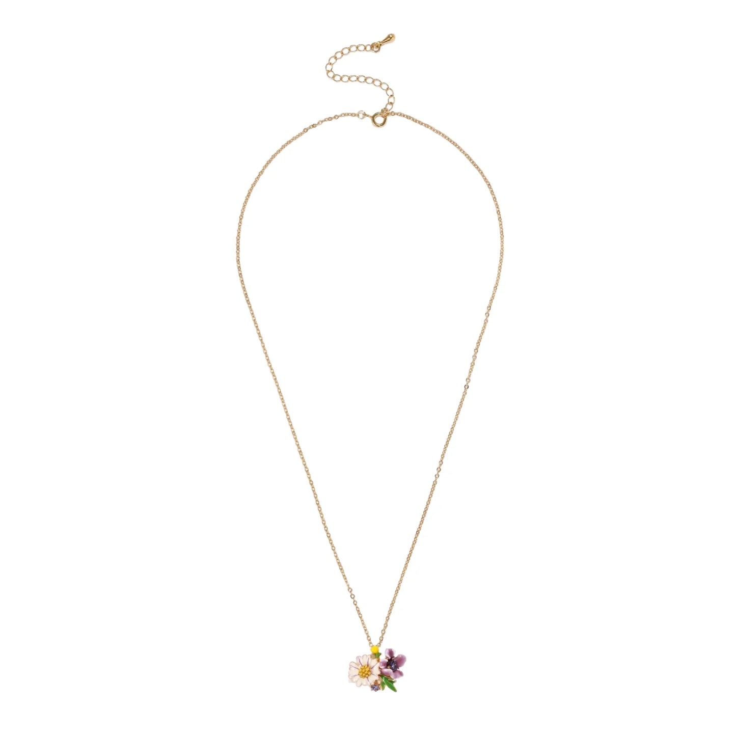 Gold-plated necklace with pink and purple enamel flower pendant featuring crystal accents on cream background