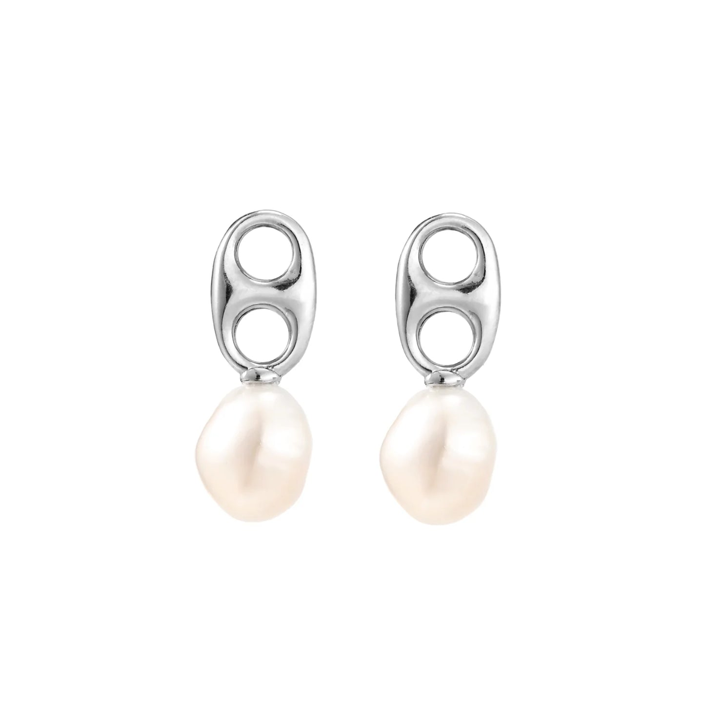 Modern rhodium-plated silver earrings with geometric double-circle design and freshwater pearl drops