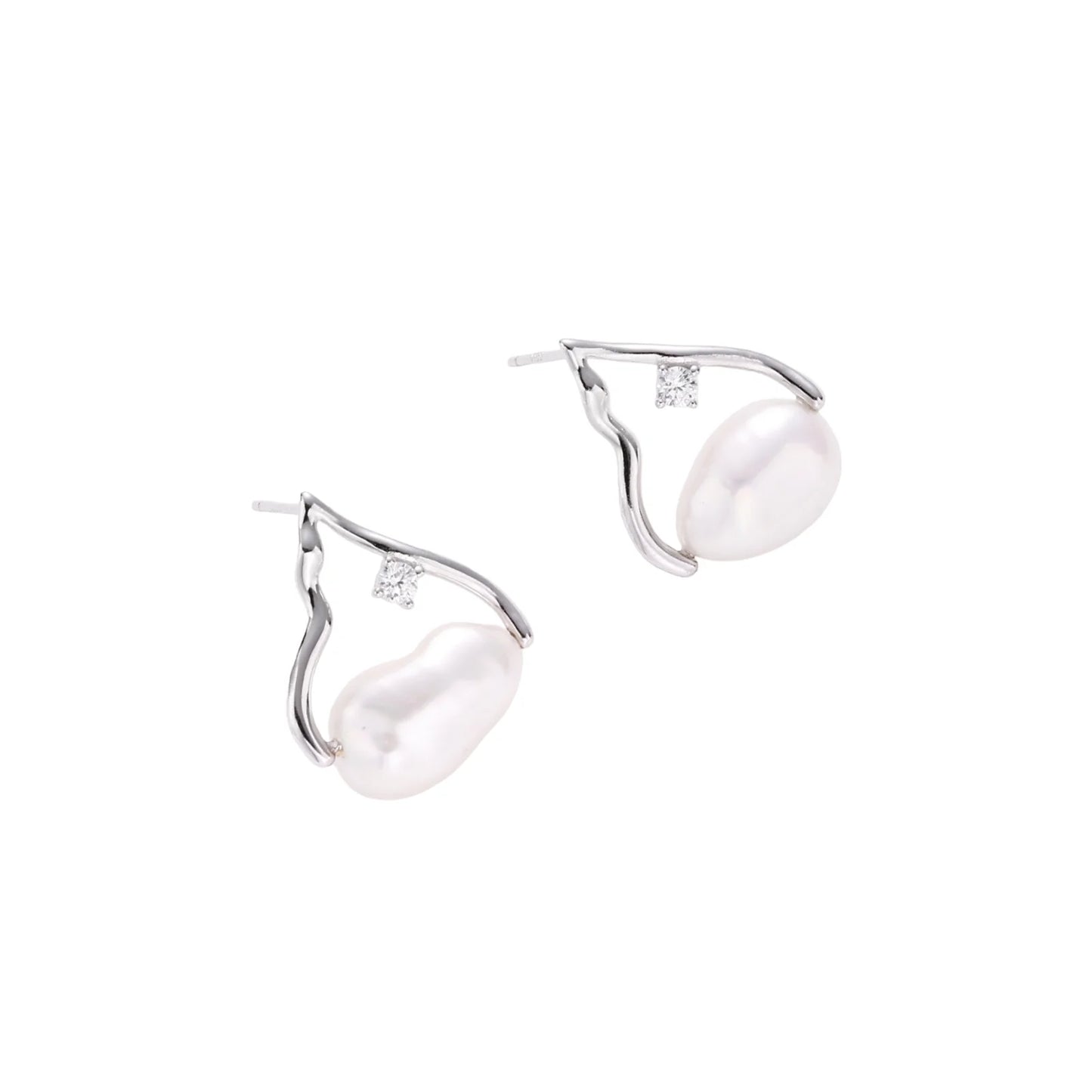 Silver mountain outline studs with baroque pearl and diamond accent on white background