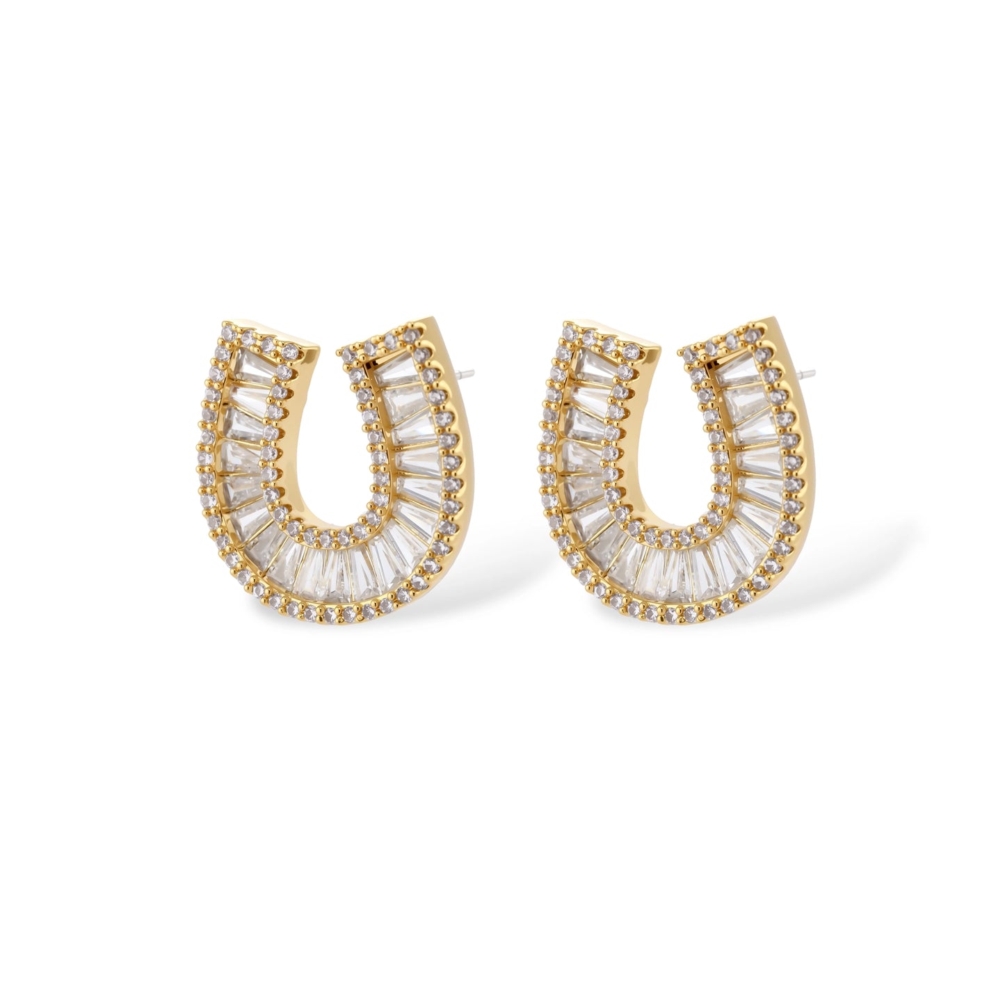 Sparkling horseshoe-shaped jewelry set with AAA cubic zirconia in gold-plated and white gold finishes on cream background.