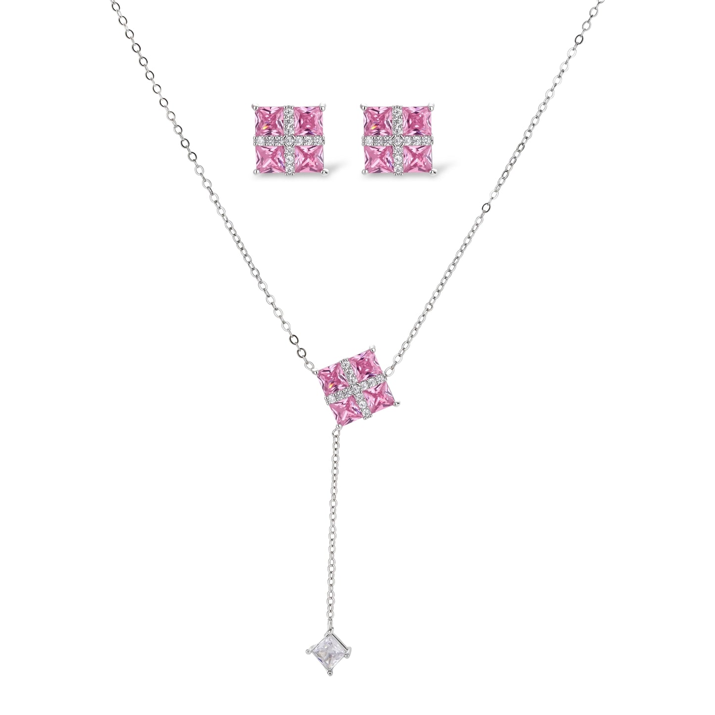 White gold plated jewelry set with pink cubic zirconia stones in geometric cross design, featuring Y-necklace and square stud earrings