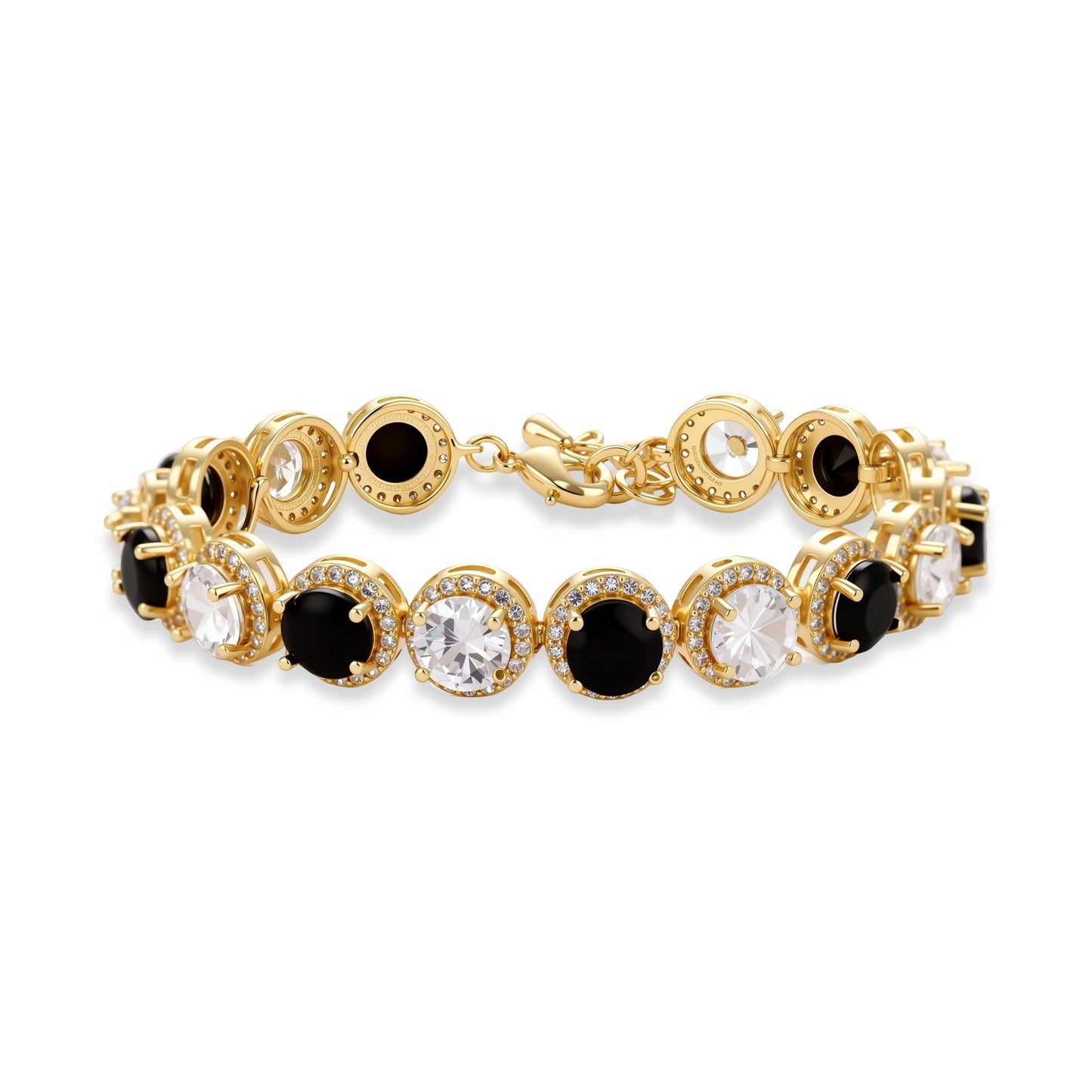 Gold-plated jewelry set with alternating black and clear cubic zirconia stones, featuring necklace, earrings and bracelet