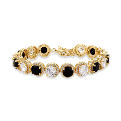Gold-plated jewelry set with alternating black and clear cubic zirconia stones, featuring necklace, earrings and bracelet