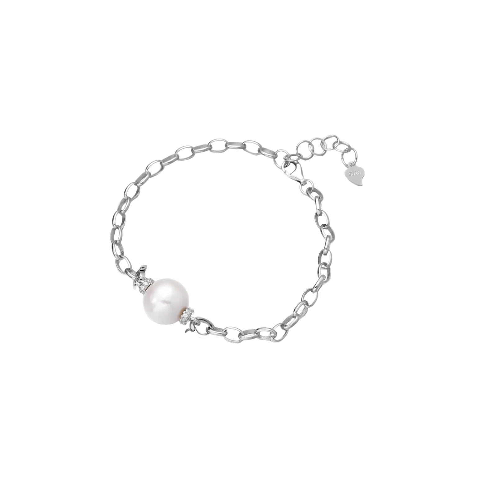 Rhodium-plated silver chain bracelet with single white freshwater pearl and heart charm clasp on cream background