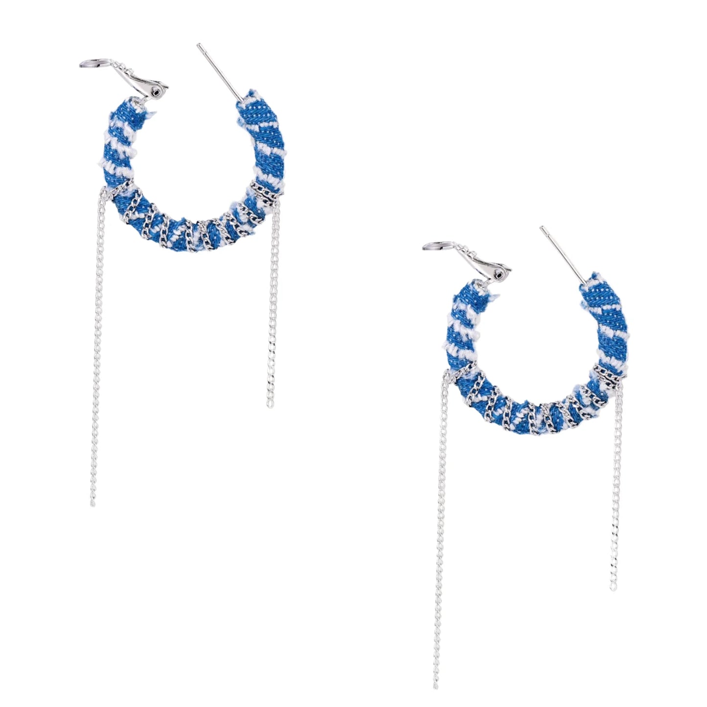Medium hoop earrings wrapped in blue striped denim fabric with dangling silver chains on white background.