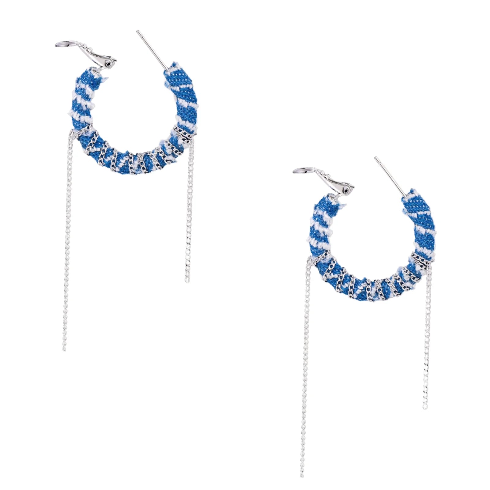 Medium hoop earrings wrapped in blue striped denim fabric with dangling silver chains on white background.