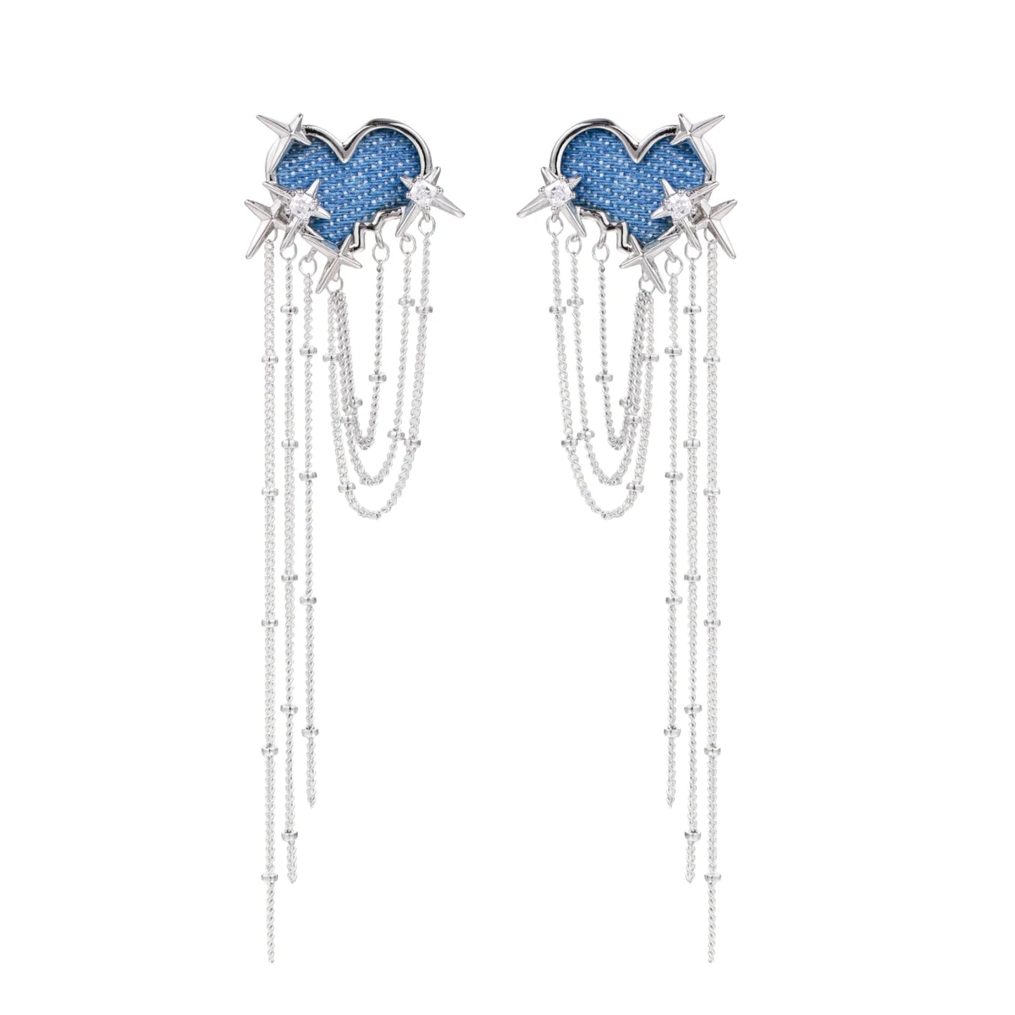 Blue denim cloud-shaped earrings with white gold plated chains, zirconia stars, and cascading silver chain details