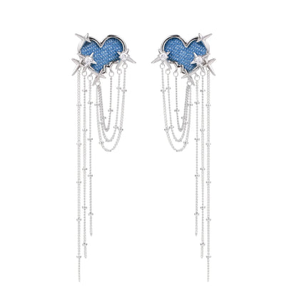 Blue denim cloud-shaped earrings with white gold plated chains, zirconia stars, and cascading silver chain details