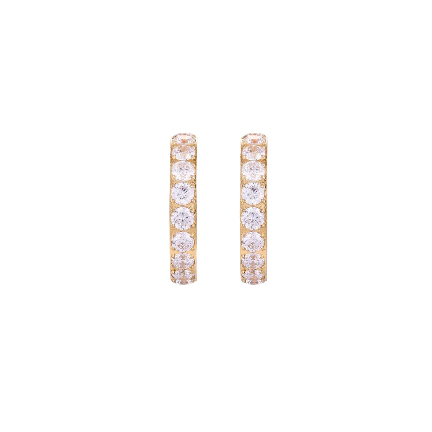 Gold pavé hoop earrings with two freshwater pearls nestled inside the curved design, featuring crystal-studded outer edge.