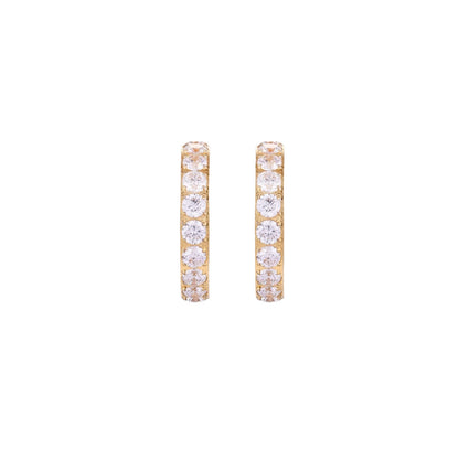 Gold pavé hoop earrings with two freshwater pearls nestled inside the curved design, featuring crystal-studded outer edge.