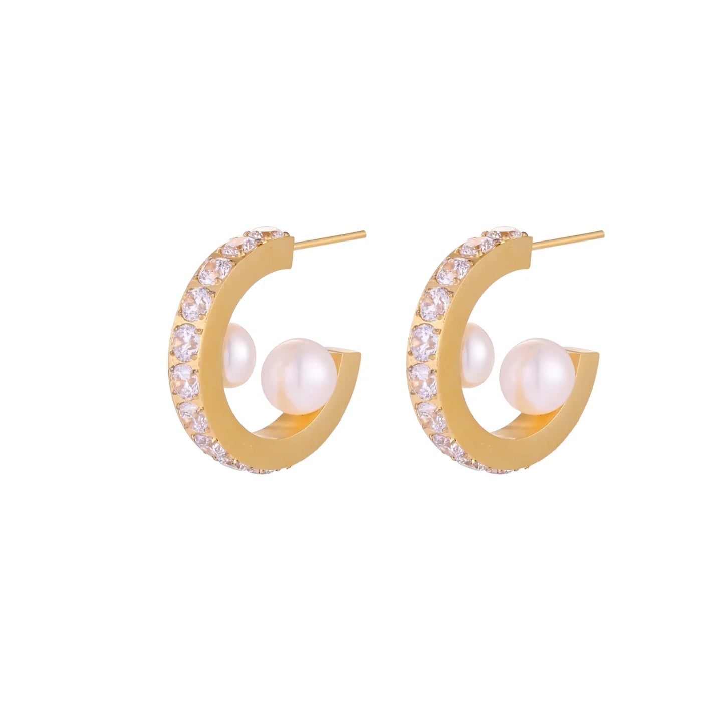 Gold pavé hoop earrings with two freshwater pearls nestled inside the curved design, featuring crystal-studded outer edge.