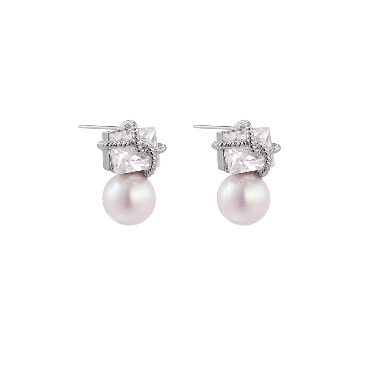 White gold stud earrings with square crystal stones in twisted frames and pink freshwater pearl drops below