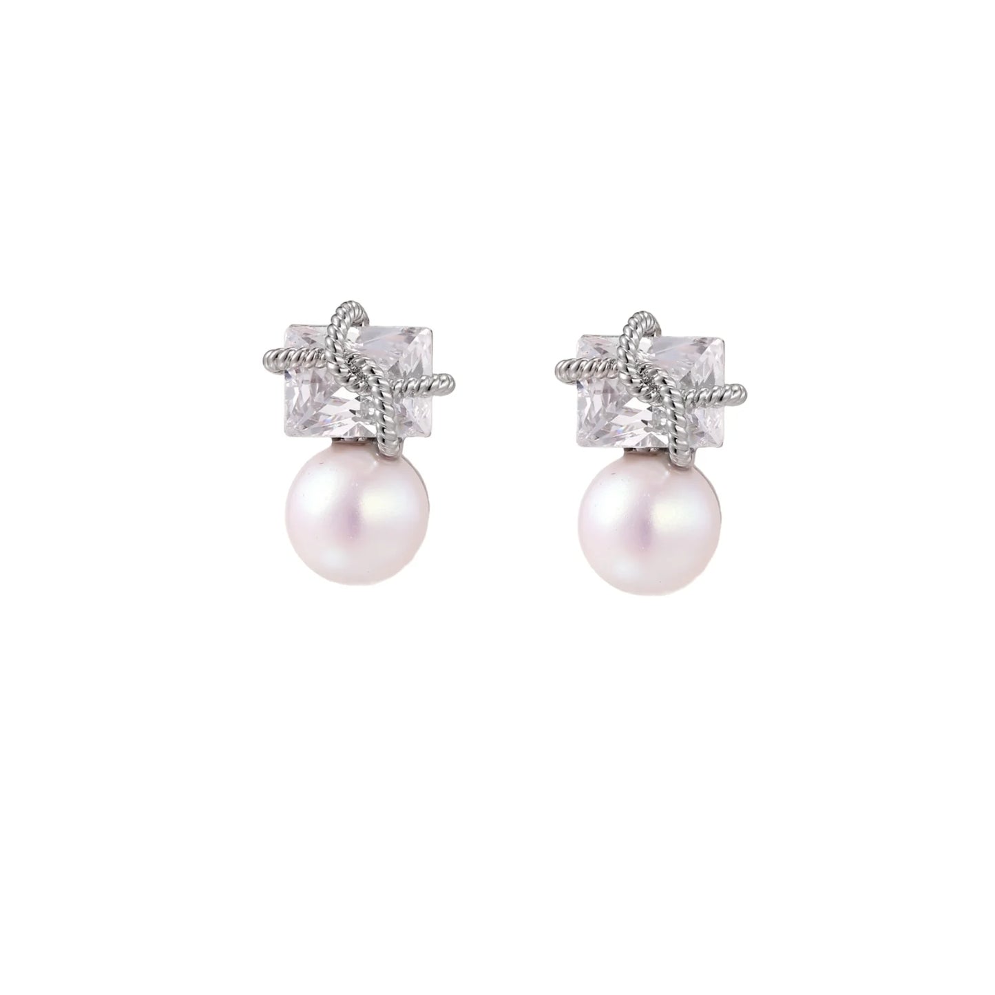 White gold stud earrings with square crystal stones in twisted frames and pink freshwater pearl drops below