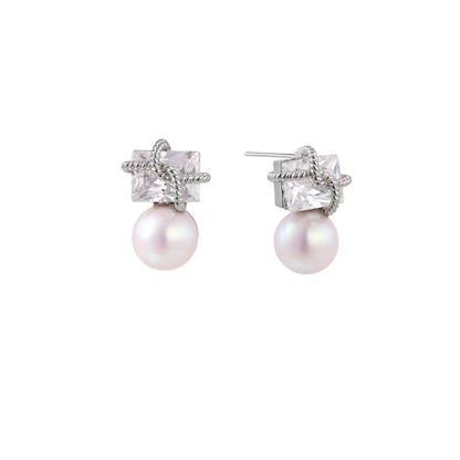White gold stud earrings with square crystal stones in twisted frames and pink freshwater pearl drops below