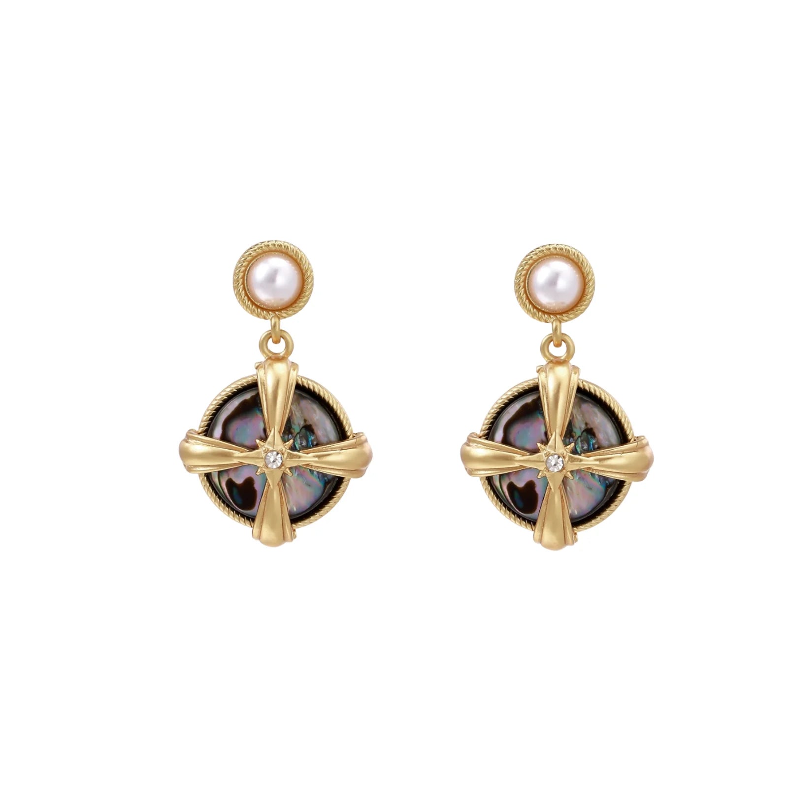 Gold-plated drop earrings with iridescent abalone shell and pearl studs in geometric cross design