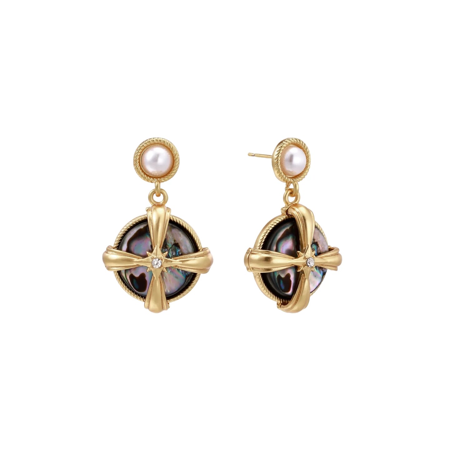 Gold-plated drop earrings with iridescent abalone shell and pearl studs in geometric cross design