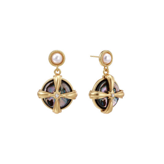 Gold-plated drop earrings with iridescent abalone shell and pearl studs in geometric cross design