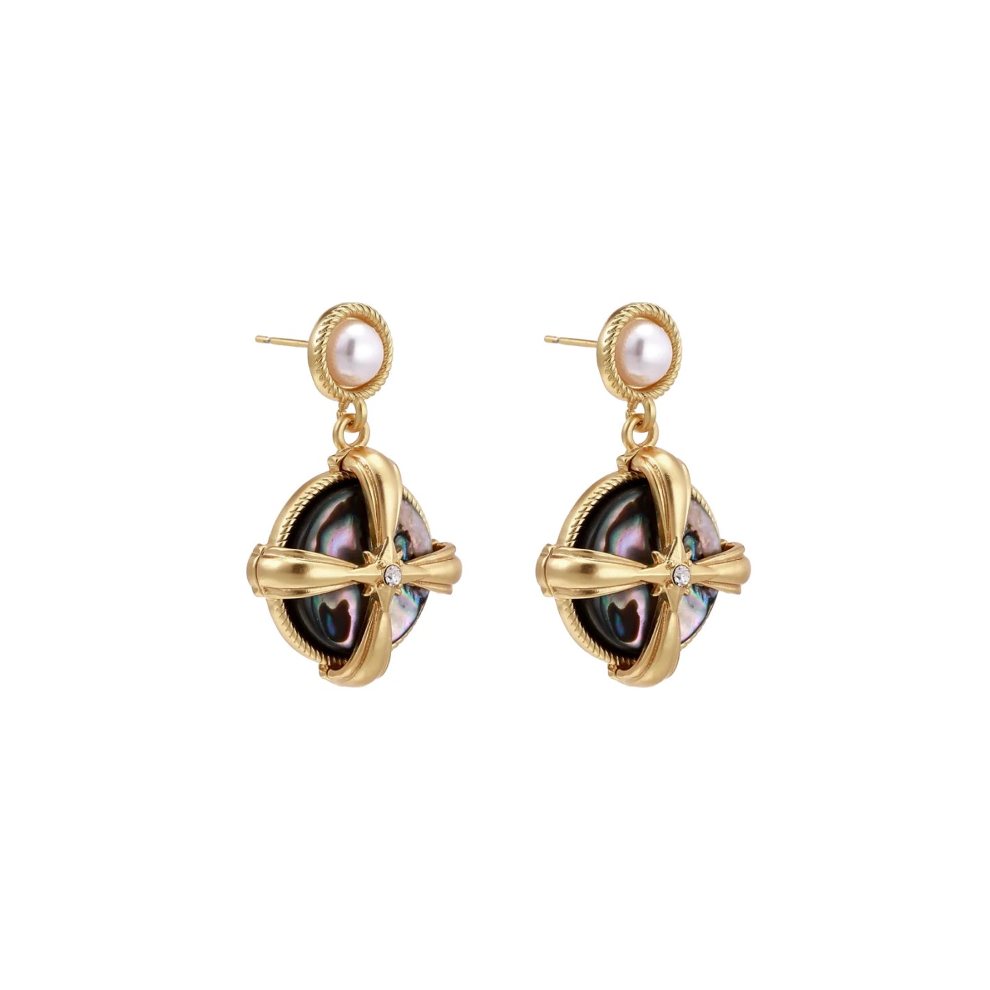 Gold-plated drop earrings with iridescent abalone shell and pearl studs in geometric cross design