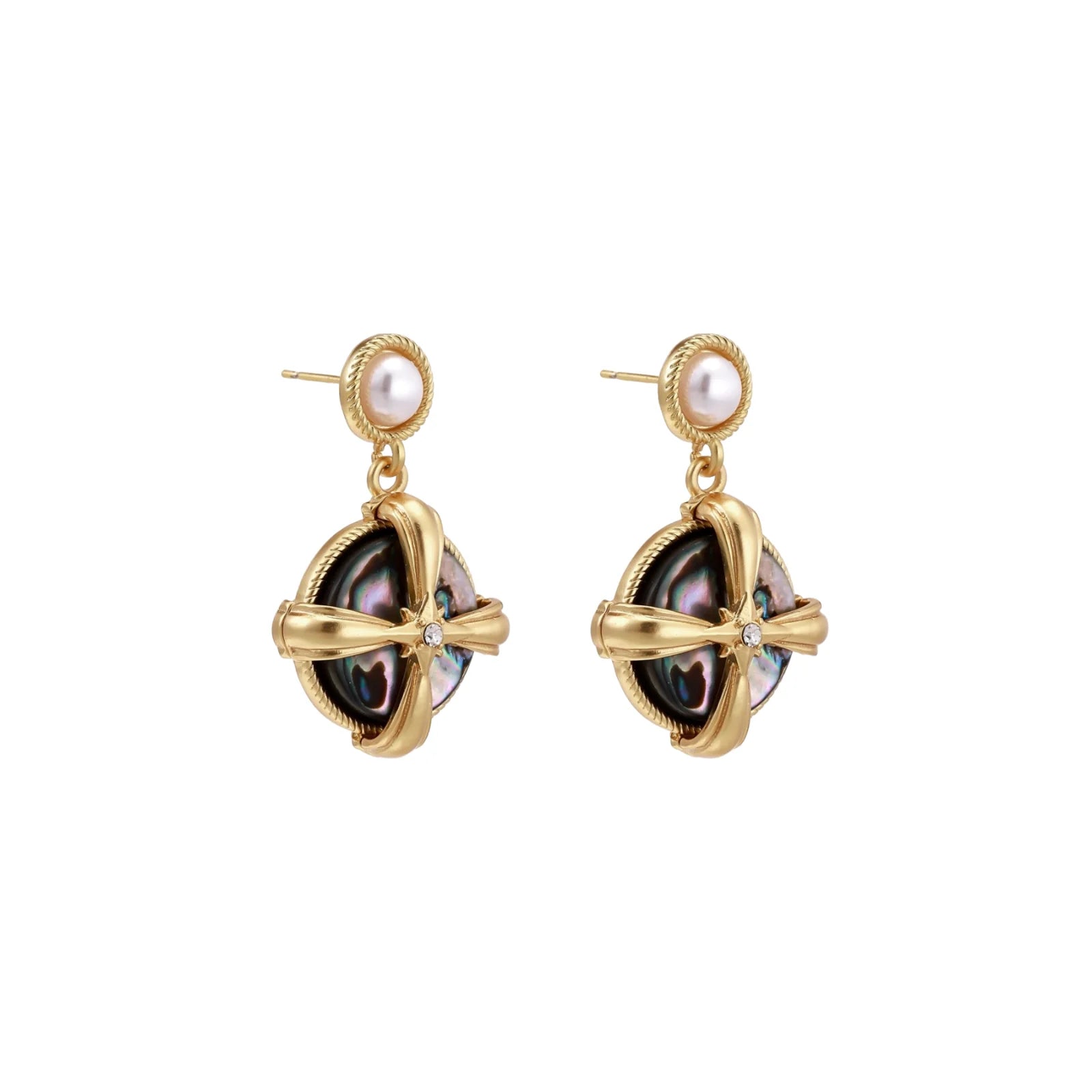 Gold-plated drop earrings with iridescent abalone shell and pearl studs in geometric cross design