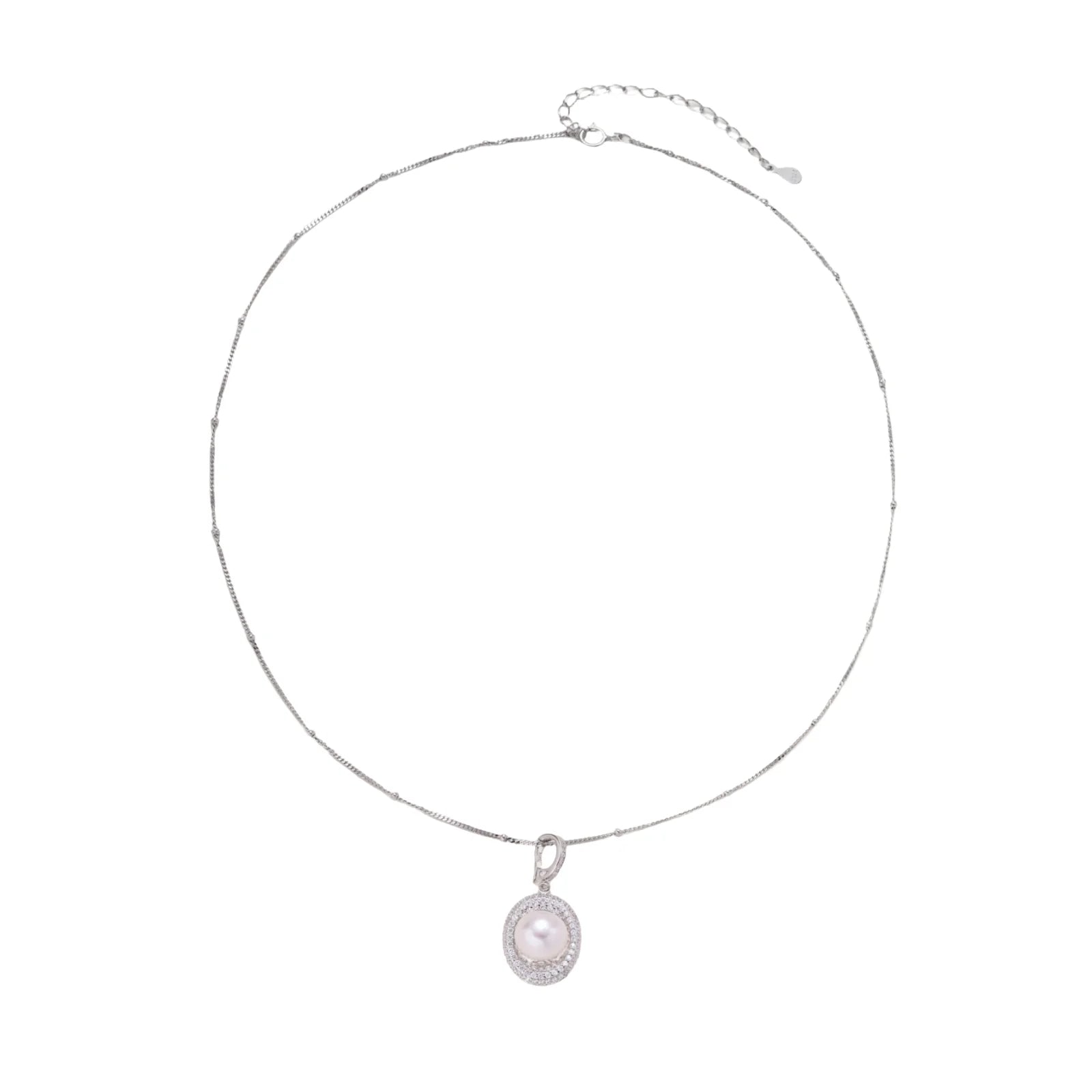 Oval sterling silver pendant with crystal halo surrounding a white freshwater pearl on delicate chain