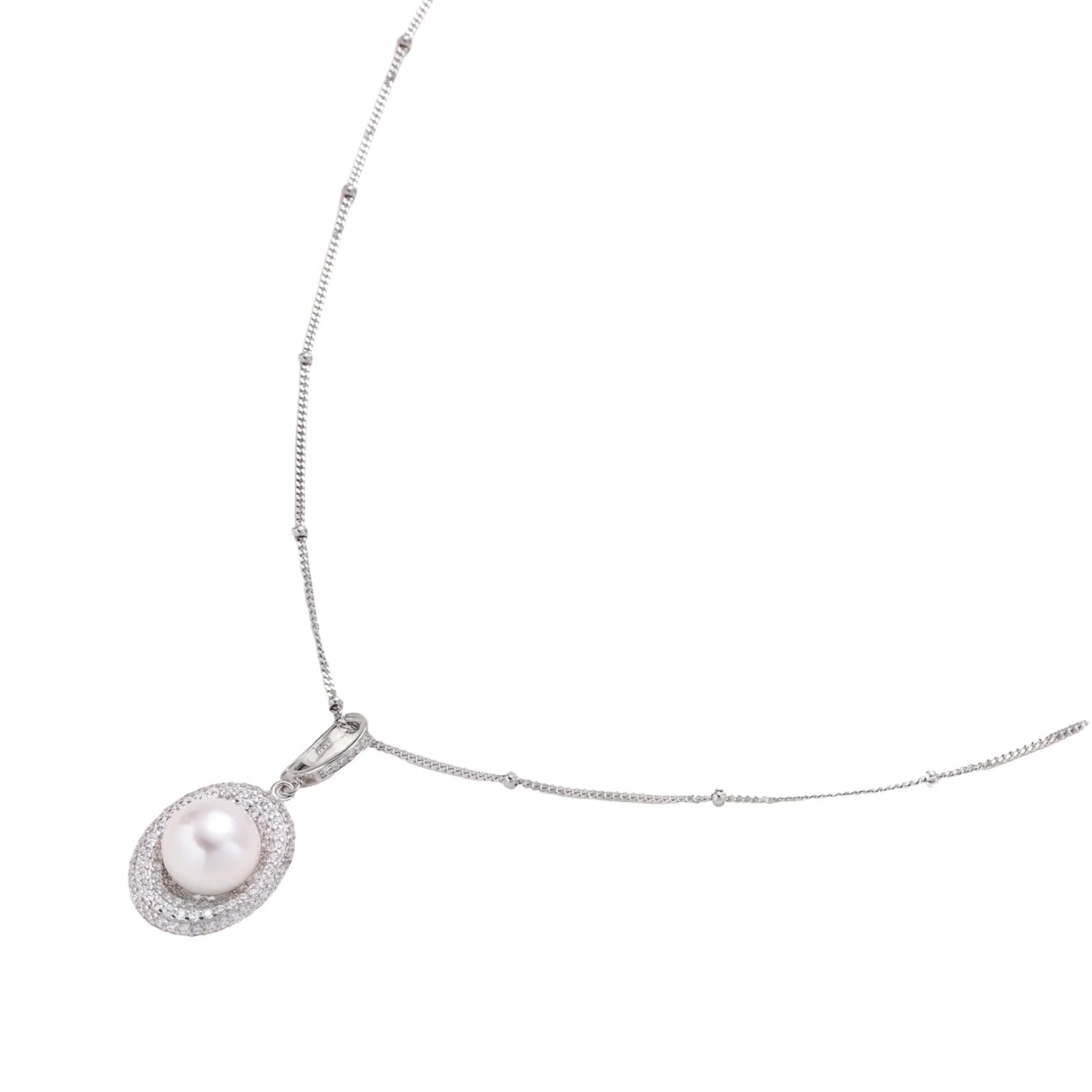 Oval sterling silver pendant with crystal halo surrounding a white freshwater pearl on delicate chain