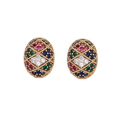 Oval gold-plated stud earrings with multicolor zirconia stones in geometric mosaic pattern