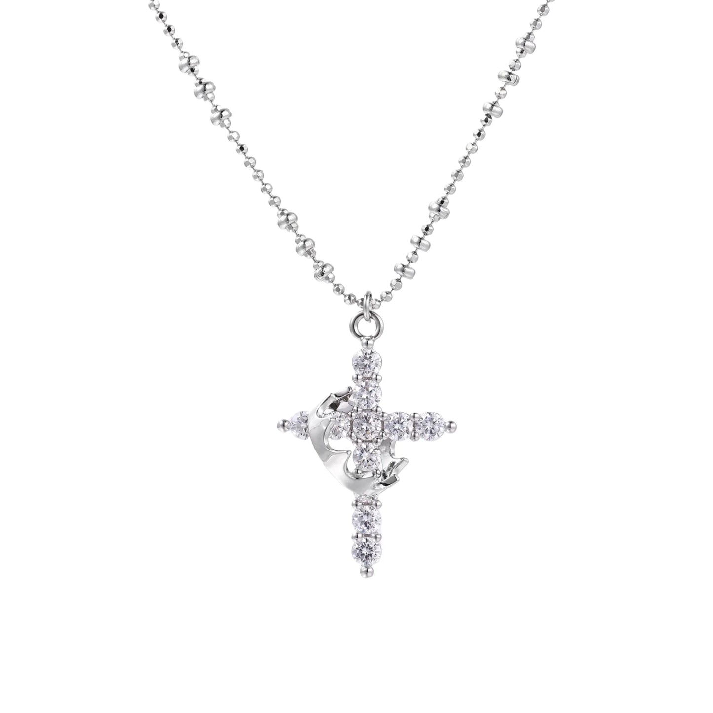 White gold-plated cross pendant adorned with sparkling zirconia stones and crescent moon accent on ball chain