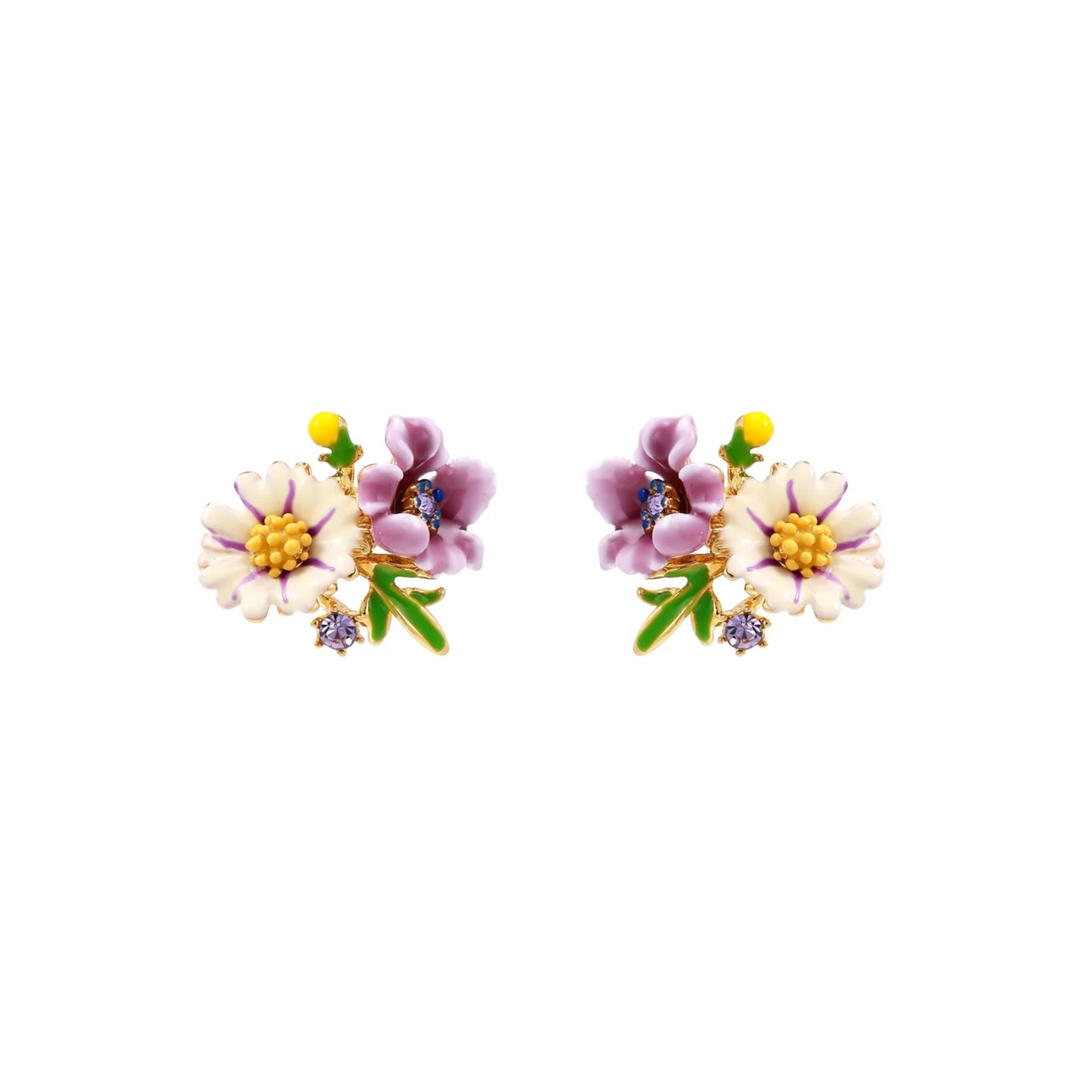Cluster-style stud earrings with purple pansies, white daisies, yellow centers, and green leaves in glossy enamel finish