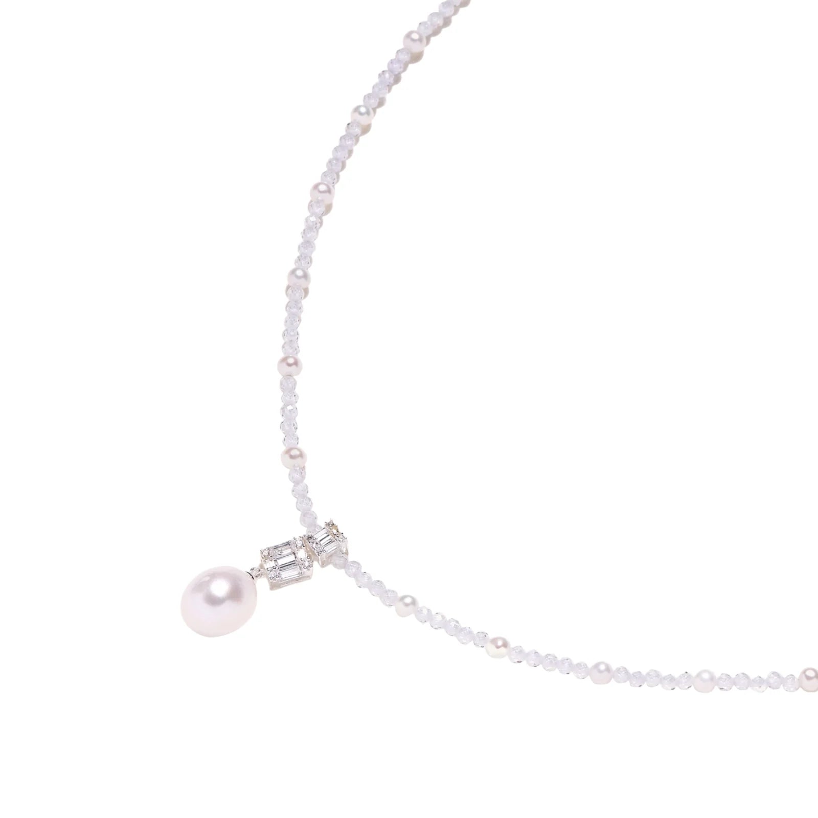 Dainty necklace with lavender crystal beads, freshwater pearls, geometric pendant, and large pearl drop on white background.