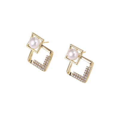 Gold-plated double square frame earrings with freshwater pearl and crystal accents on white background