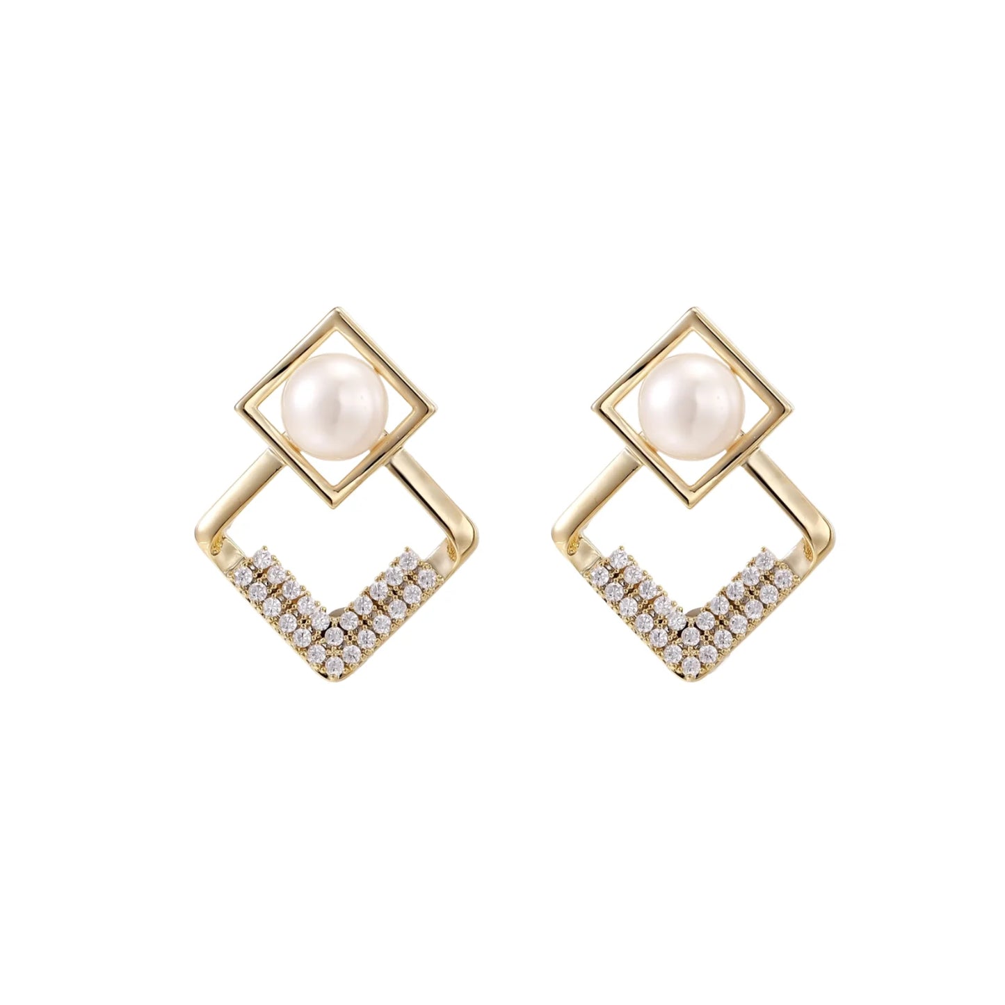 Gold-plated double square frame earrings with freshwater pearl and crystal accents on white background