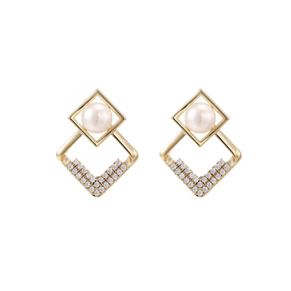 Gold-plated double square frame earrings with freshwater pearl and crystal accents on white background