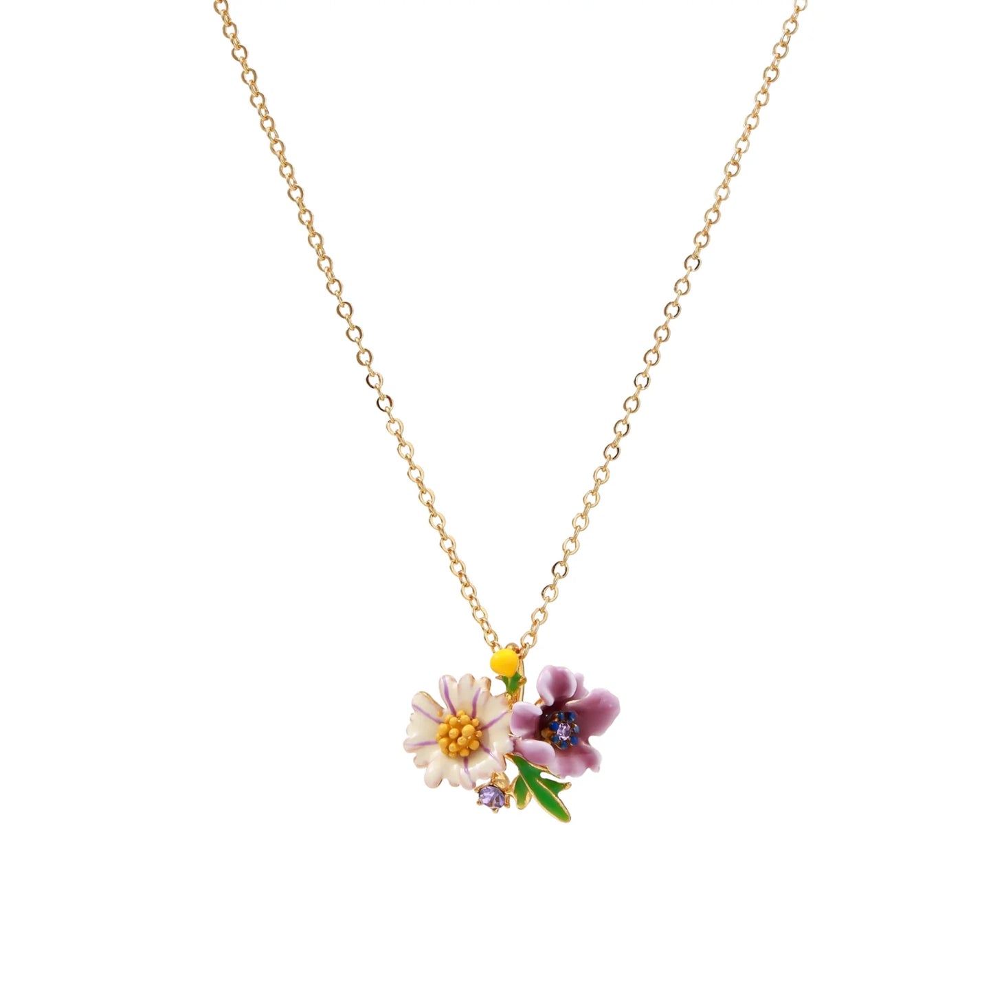 Gold-plated necklace with pink and purple enamel flower pendant featuring crystal accents on cream background