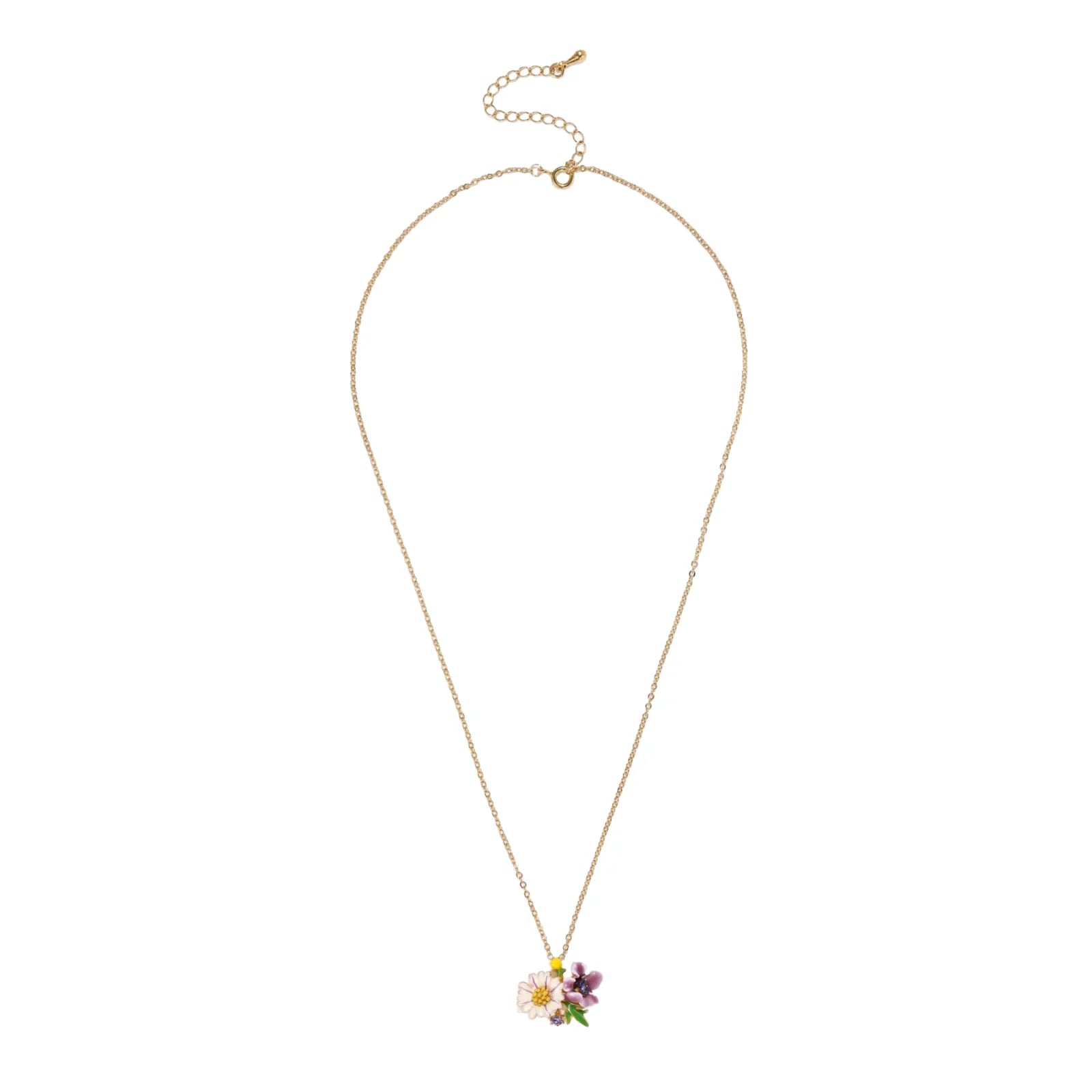 Gold-plated necklace with pink and purple enamel flower pendant featuring crystal accents on cream background