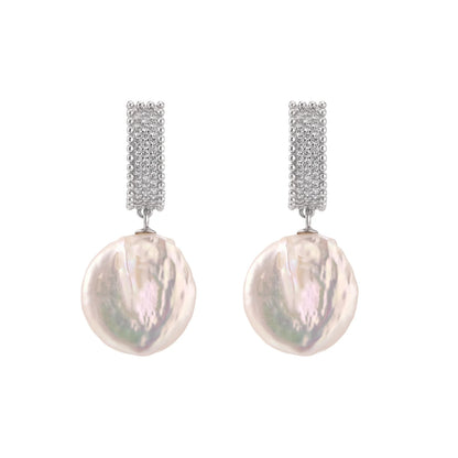Rhodium-plated silver curved stud with pave stones and baroque pearl drop on white background
