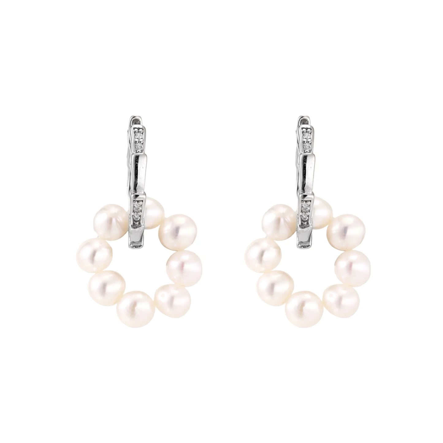 Rhodium-plated silver hoop earrings with freshwater pearls arranged in crescent formation and diamond accents