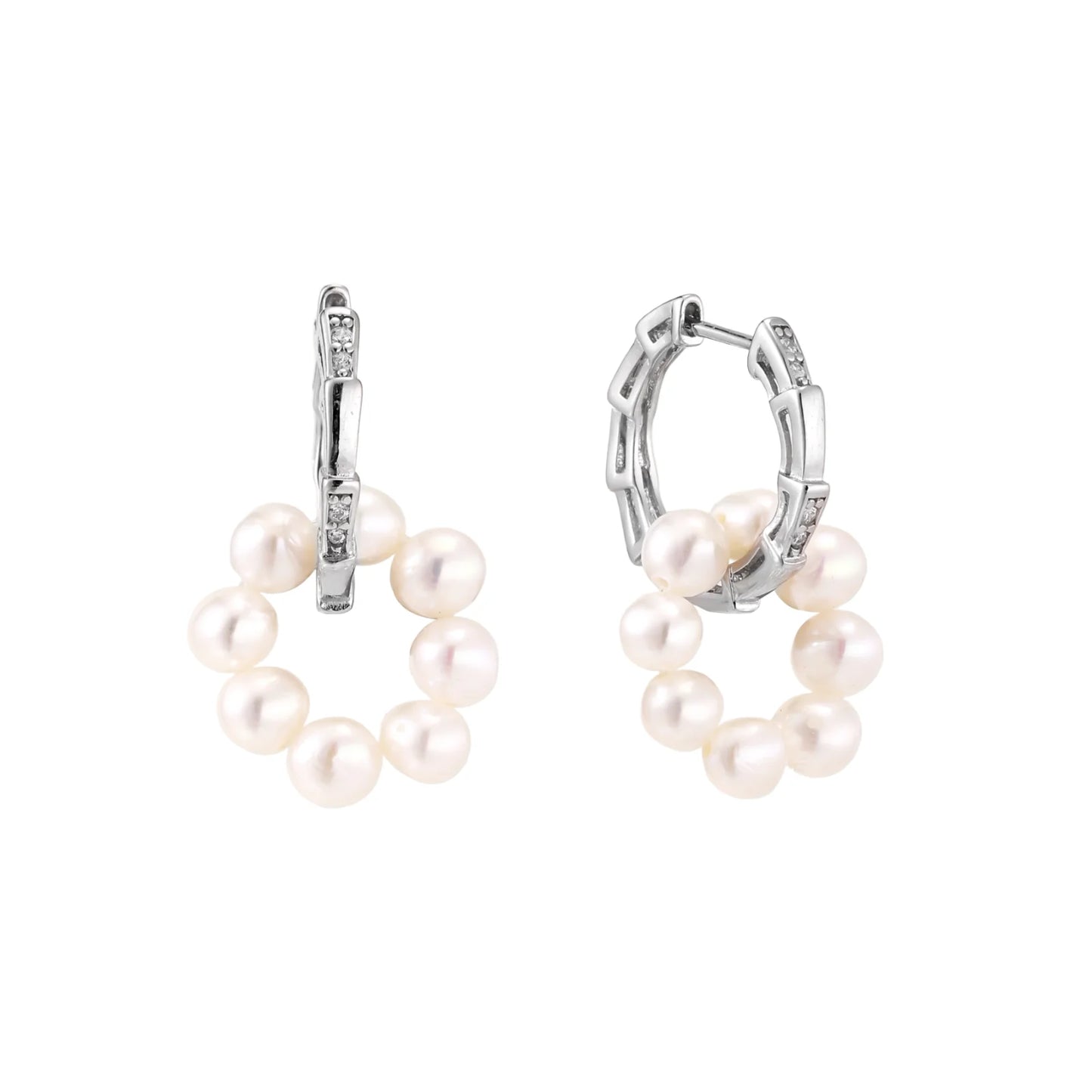 Rhodium-plated silver hoop earrings with freshwater pearls arranged in crescent formation and diamond accents