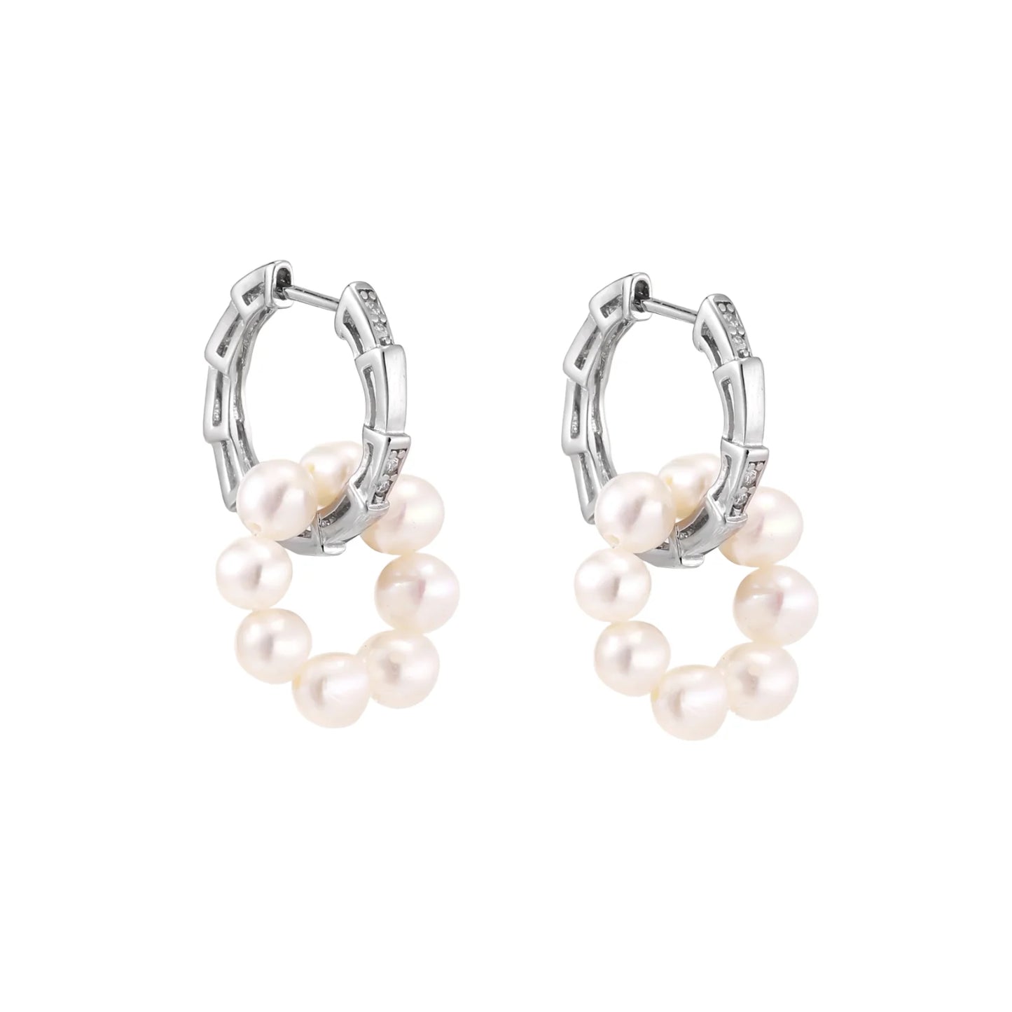 Rhodium-plated silver hoop earrings with freshwater pearls arranged in crescent formation and diamond accents