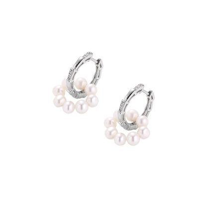 Rhodium-plated silver hoop earrings with freshwater pearls arranged in crescent formation and diamond accents