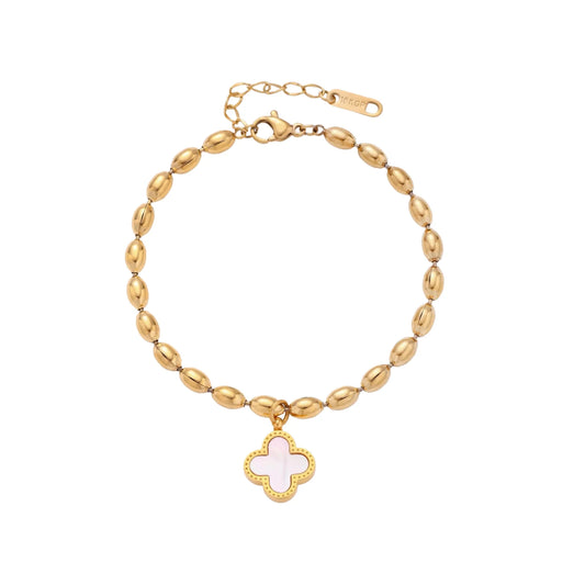 18K gold-plated oval bead chain bracelet with quatrefoil clover charm featuring mother of pearl inlay on cream background