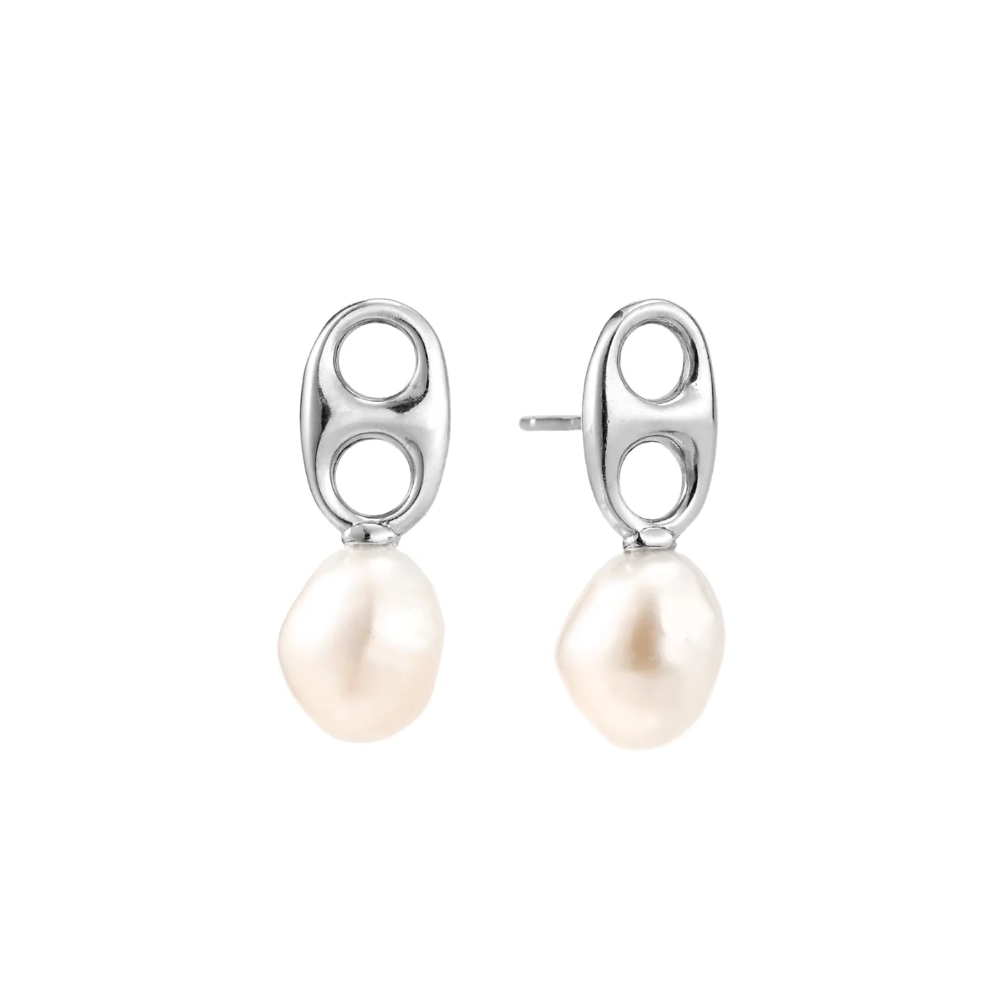 Modern rhodium-plated silver earrings with geometric double-circle design and freshwater pearl drops