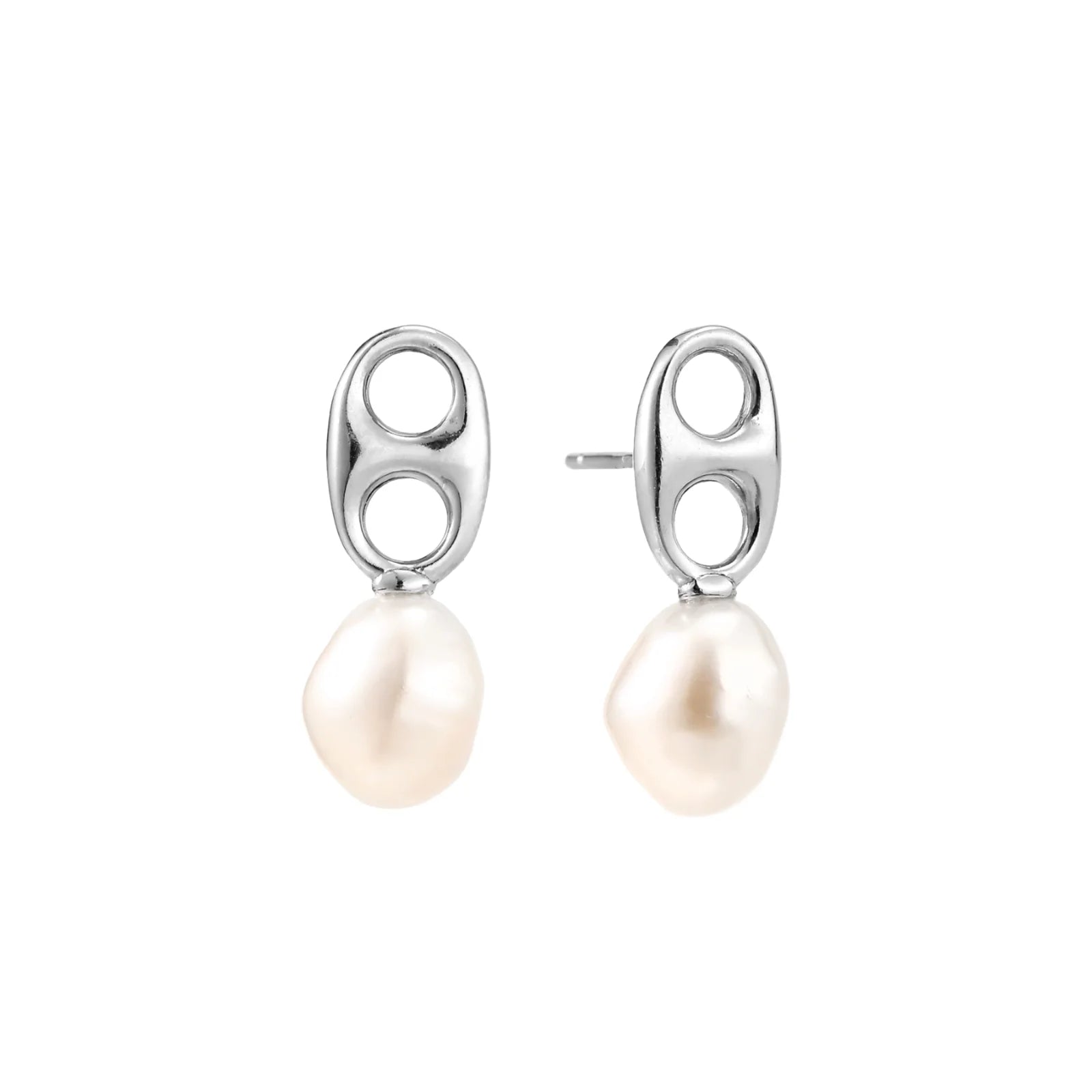 Modern rhodium-plated silver earrings with geometric double-circle design and freshwater pearl drops