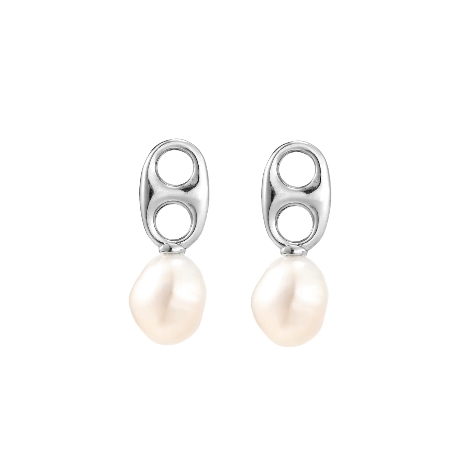 Modern rhodium-plated silver earrings with geometric double-circle design and freshwater pearl drops