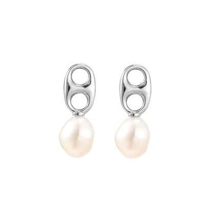 Modern rhodium-plated silver earrings with geometric double-circle design and freshwater pearl drops