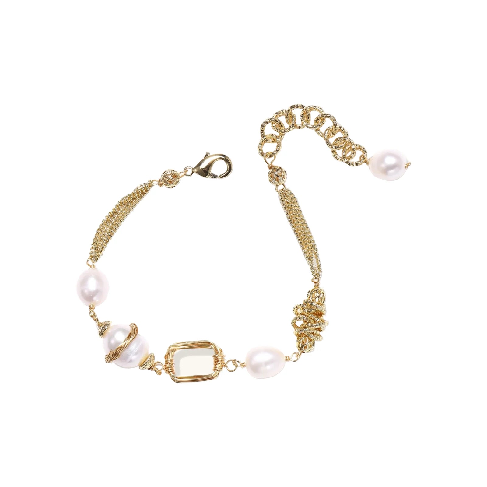 14K gold plated bracelet with freshwater pearls, filigree details, and mixed geometric elements on white background.