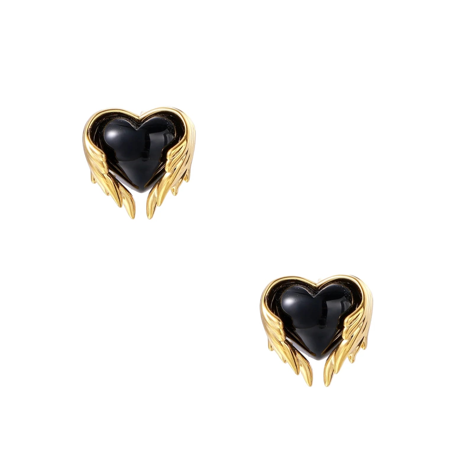 Glossy black heart-shaped studs with gold wing accents on cream background, gothic romantic style earrings
