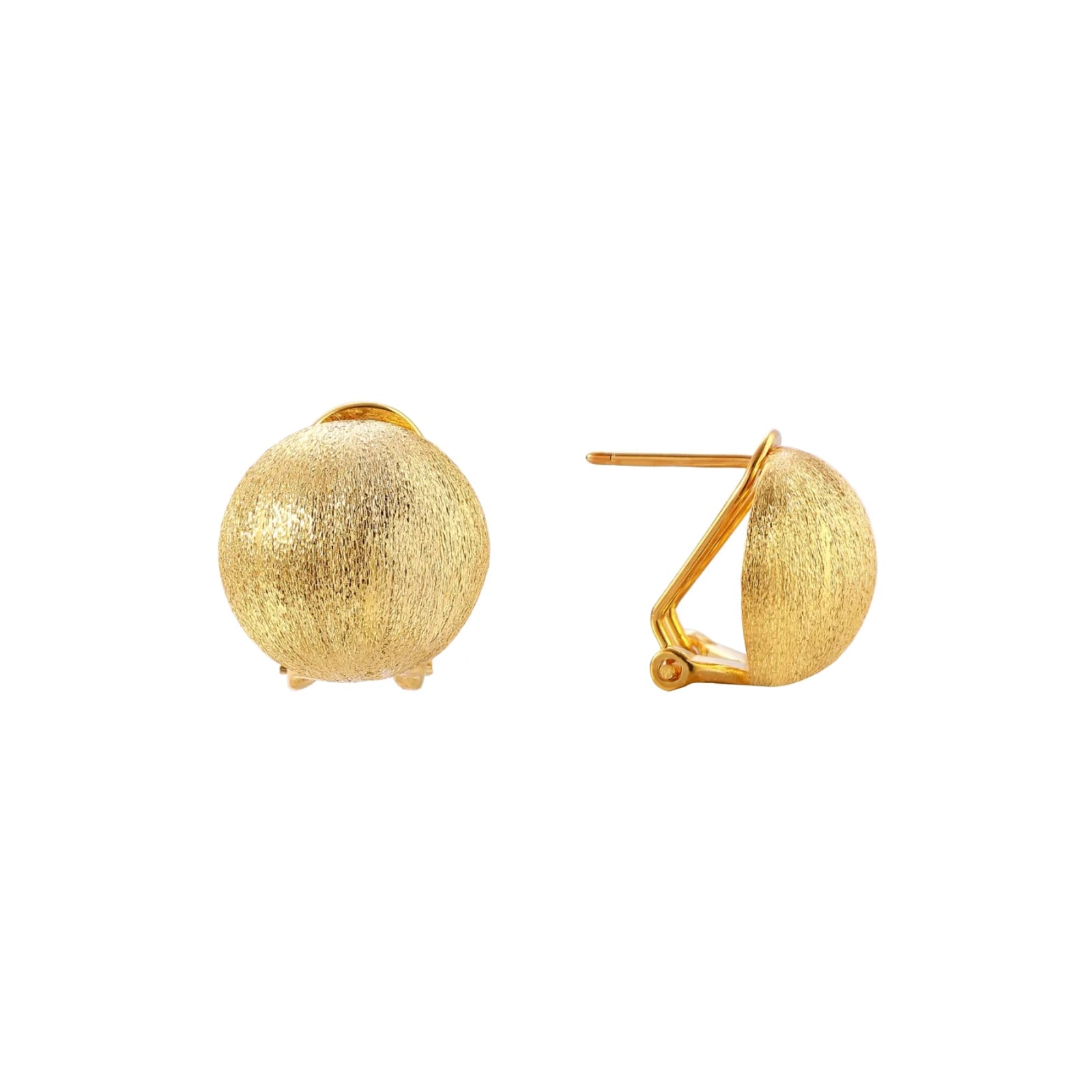 Pair of brushed gold dome earrings with clip backs showing textured matte finish on cream background