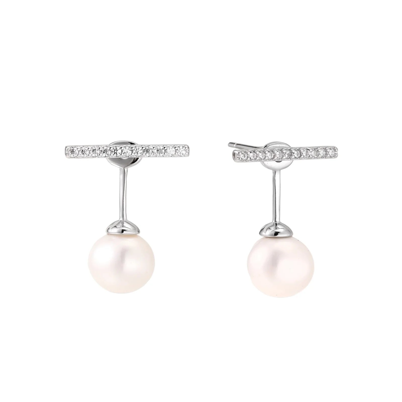 Rhodium-plated sterling silver ear jacket earrings with diamond-set horizontal bar and freshwater pearl drop