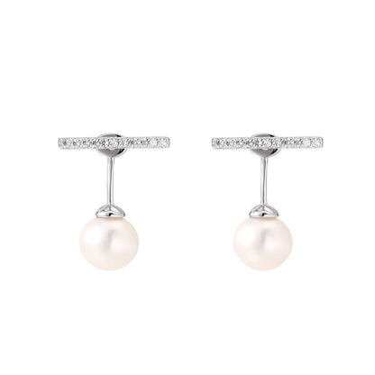 Rhodium-plated sterling silver ear jacket earrings with diamond-set horizontal bar and freshwater pearl drop