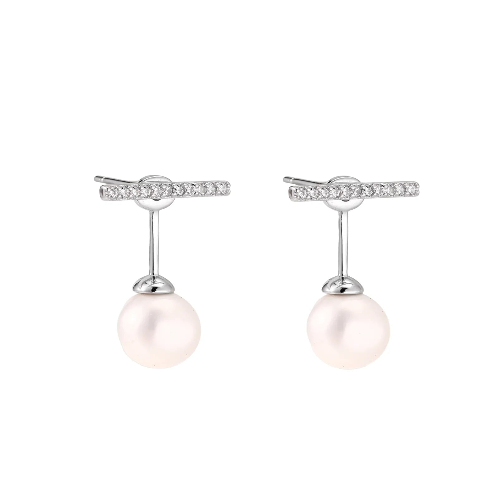 Rhodium-plated sterling silver ear jacket earrings with diamond-set horizontal bar and freshwater pearl drop